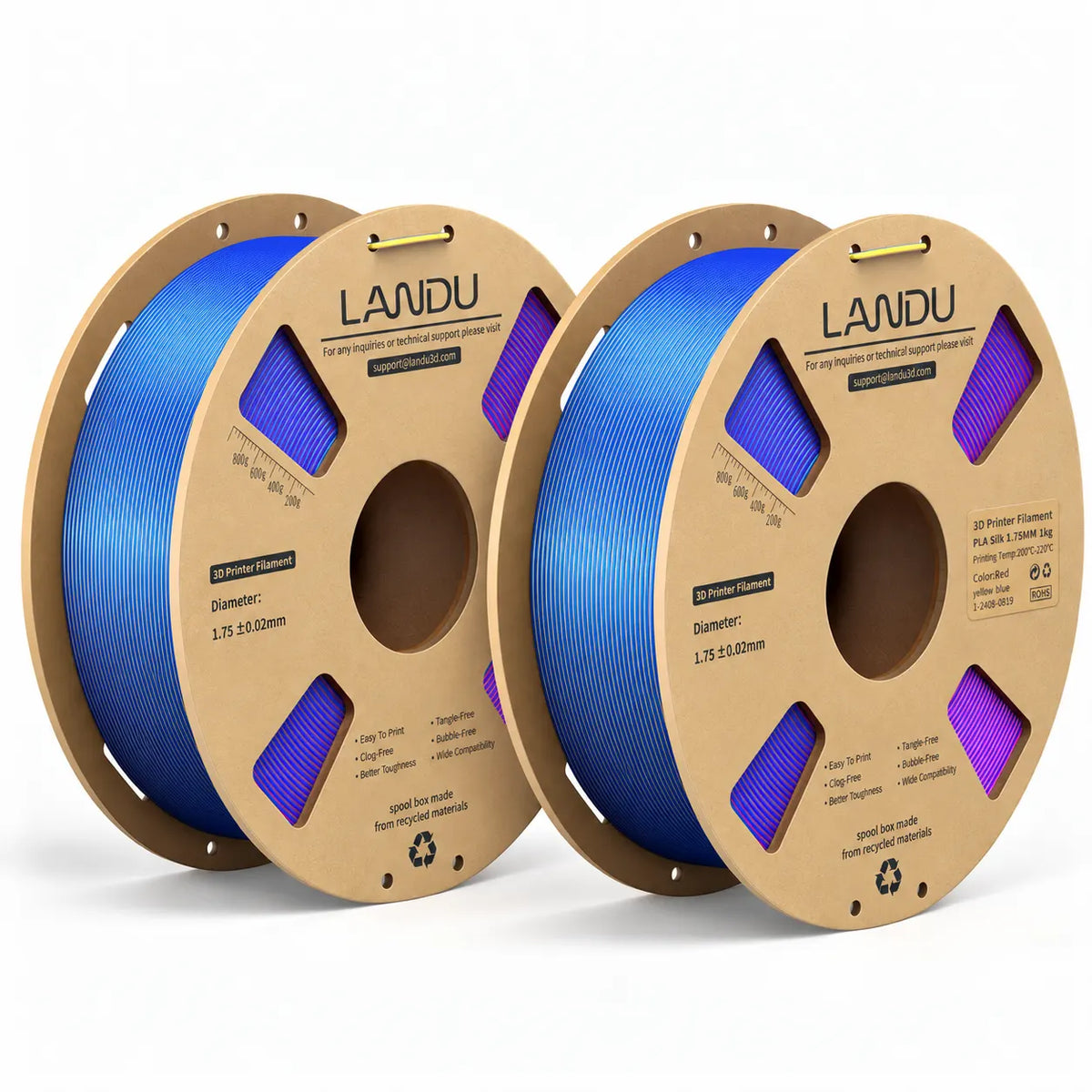 LANDU Red Yellow Blue Tri-Color Silk PLA 3D printer filament 2kg spool showcasing a tropical color-shifting 3D printed dragon.