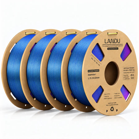 LANDU Red Yellow Blue Tri-Color Silk PLA 3D printer filament 4kg spool showcasing a tropical color-shifting 3D printed dragon.