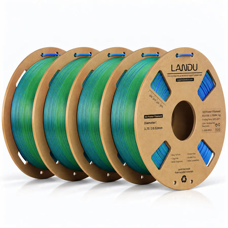 LANDU Rose Red Blue Green Tri-Color Silk PLA 3D printer filament 4kg spool displayed with a pearlescent color-shifting 3D printed dragon.