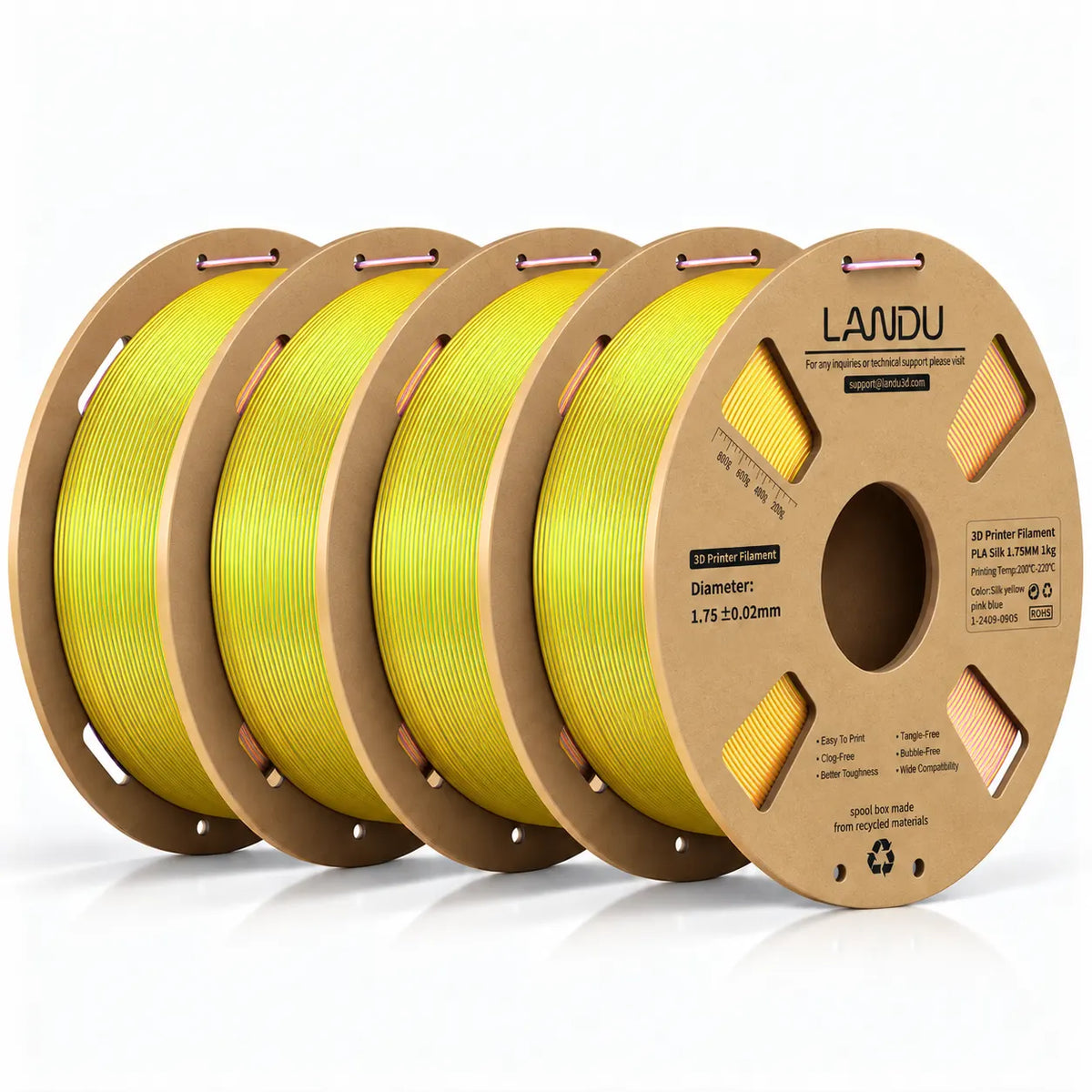 LANDU Yellow Blue Pink Tri-Color Silk PLA 3D printer filament 4kg spool alongside a playful neon color-shifting 3D printed dragon.