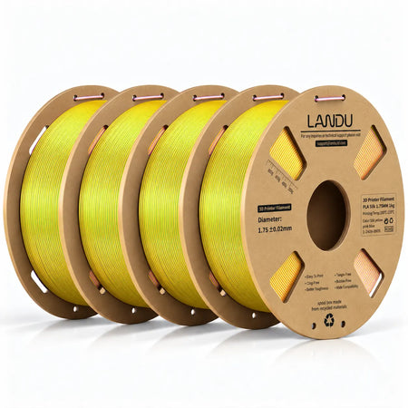 LANDU Yellow Blue Pink Tri-Color Silk PLA 3D printer filament 4kg spool alongside a playful neon color-shifting 3D printed dragon.