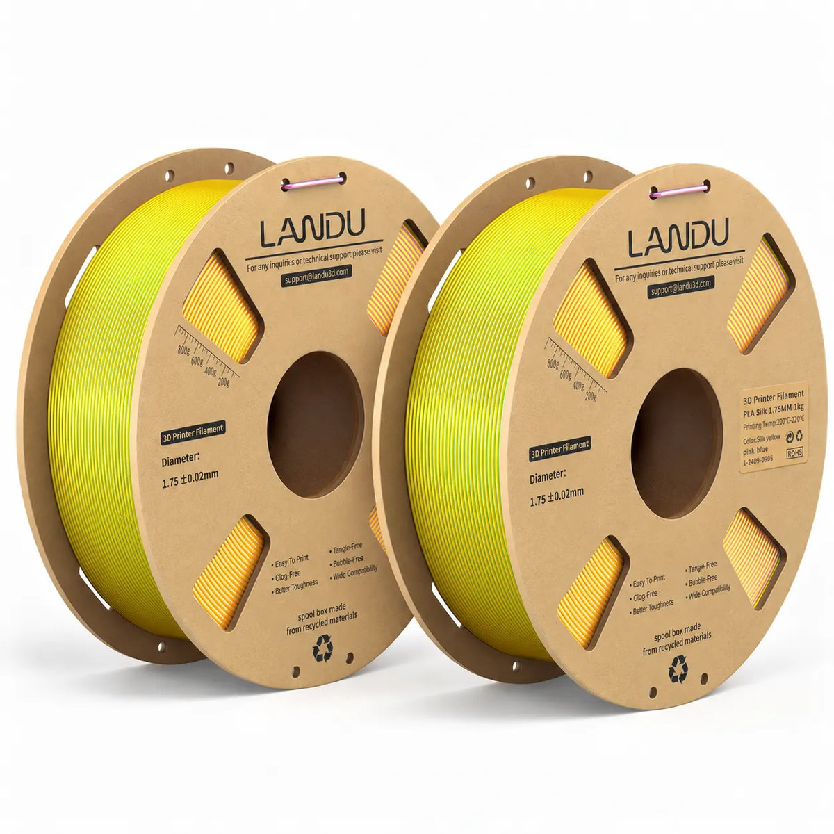 LANDU Yellow Blue Pink Tri-Color Silk PLA 3D printer filament 2kg spool alongside a playful neon color-shifting 3D printed dragon.