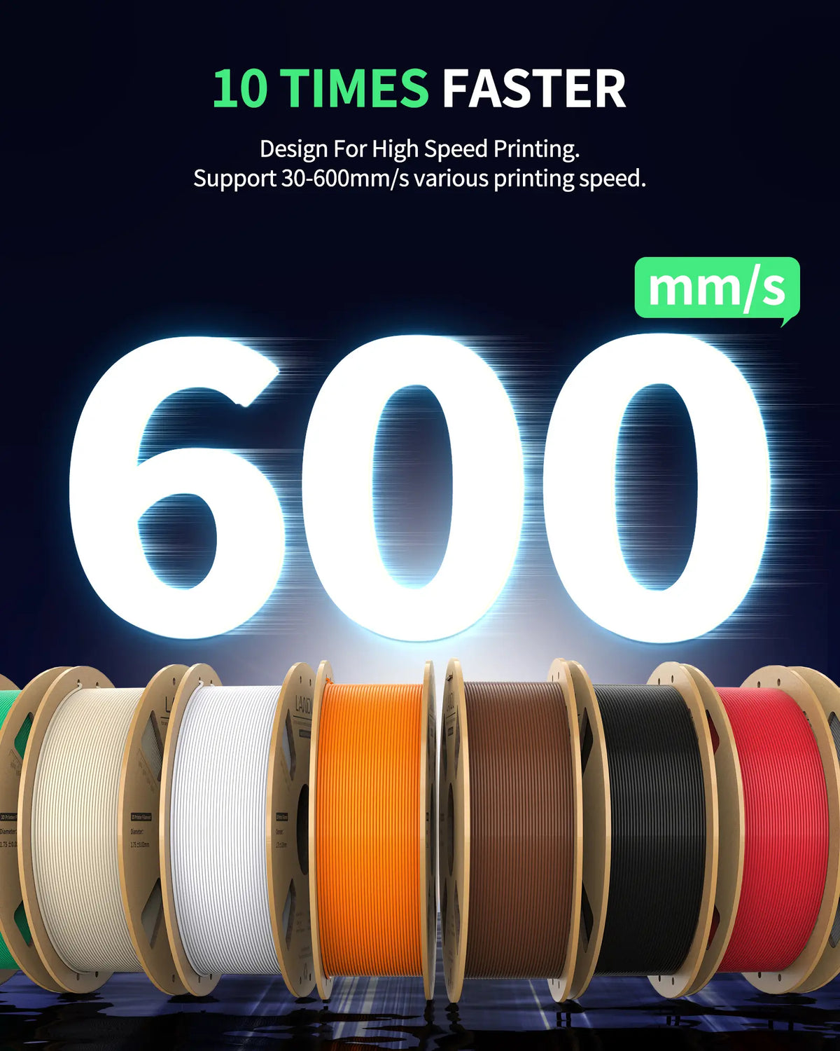 LANDU Rapid PETG filament spools in various colors highlighting high-speed 3D printing capabilities up to 600mm/s.