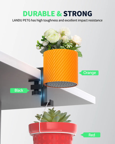 Application of LANDU Rapid PETG filament showing durable 3D printed hanging planters mounted securely on a desk.