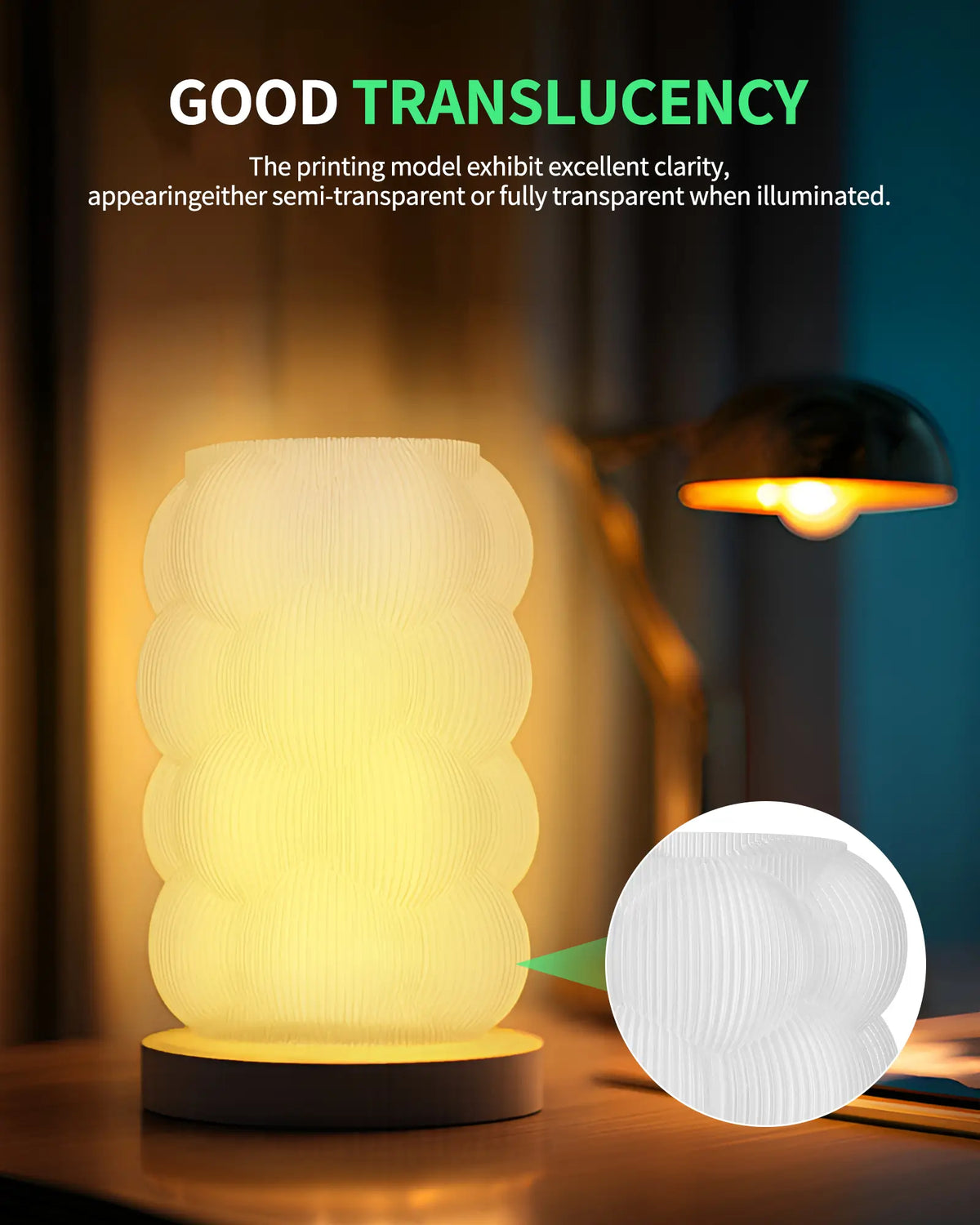 A 3D printed lamp illuminated from within showcasing the good translucency and clarity of LANDU Rapid PETG filament.