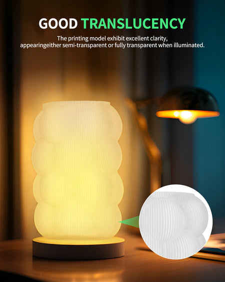 A 3D printed lamp illuminated from within showcasing the good translucency and clarity of LANDU Rapid PETG filament.