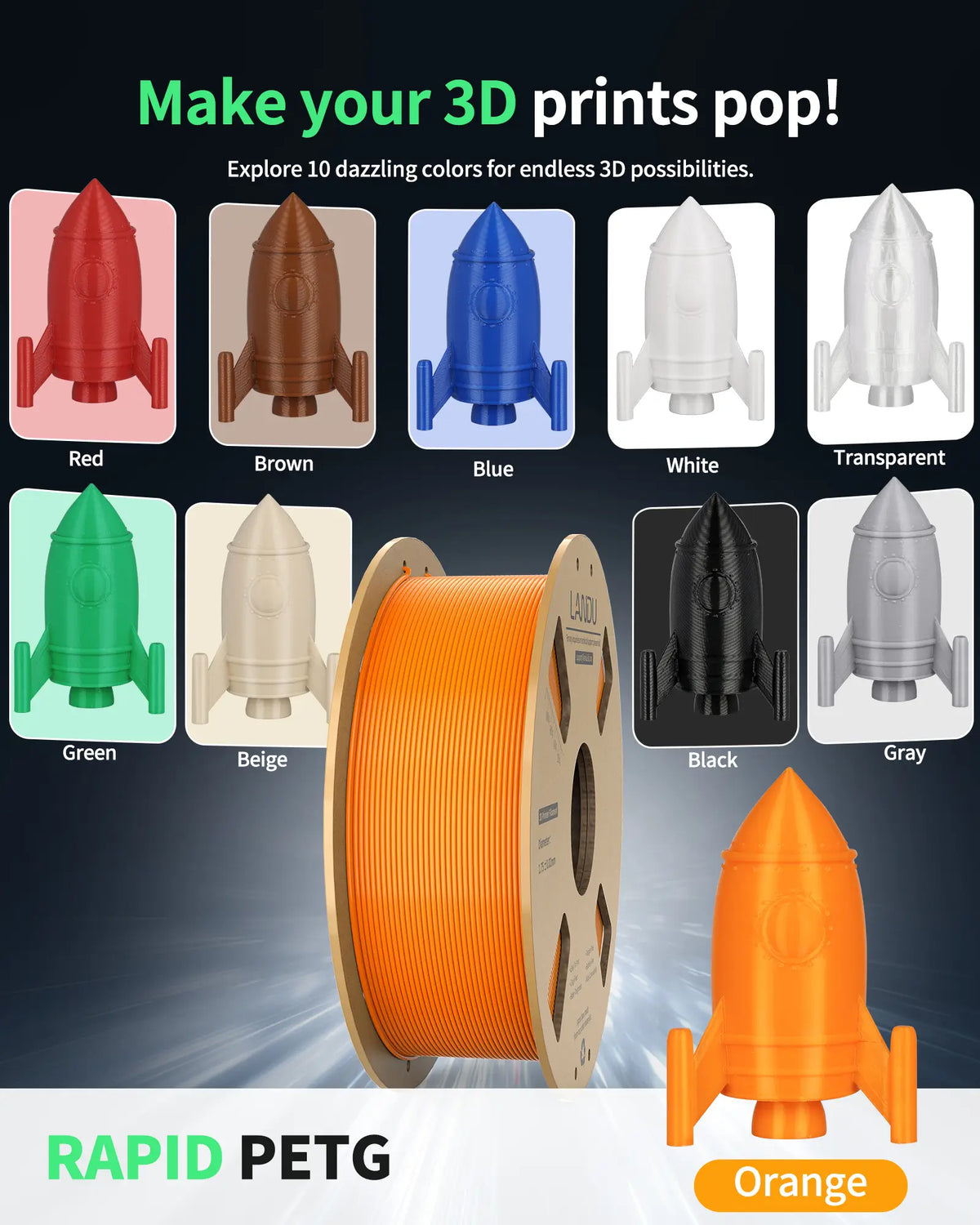 Showcase of 10 dazzling colors available in the LANDU Rapid PETG filament line displayed as 3D printed model rockets.
