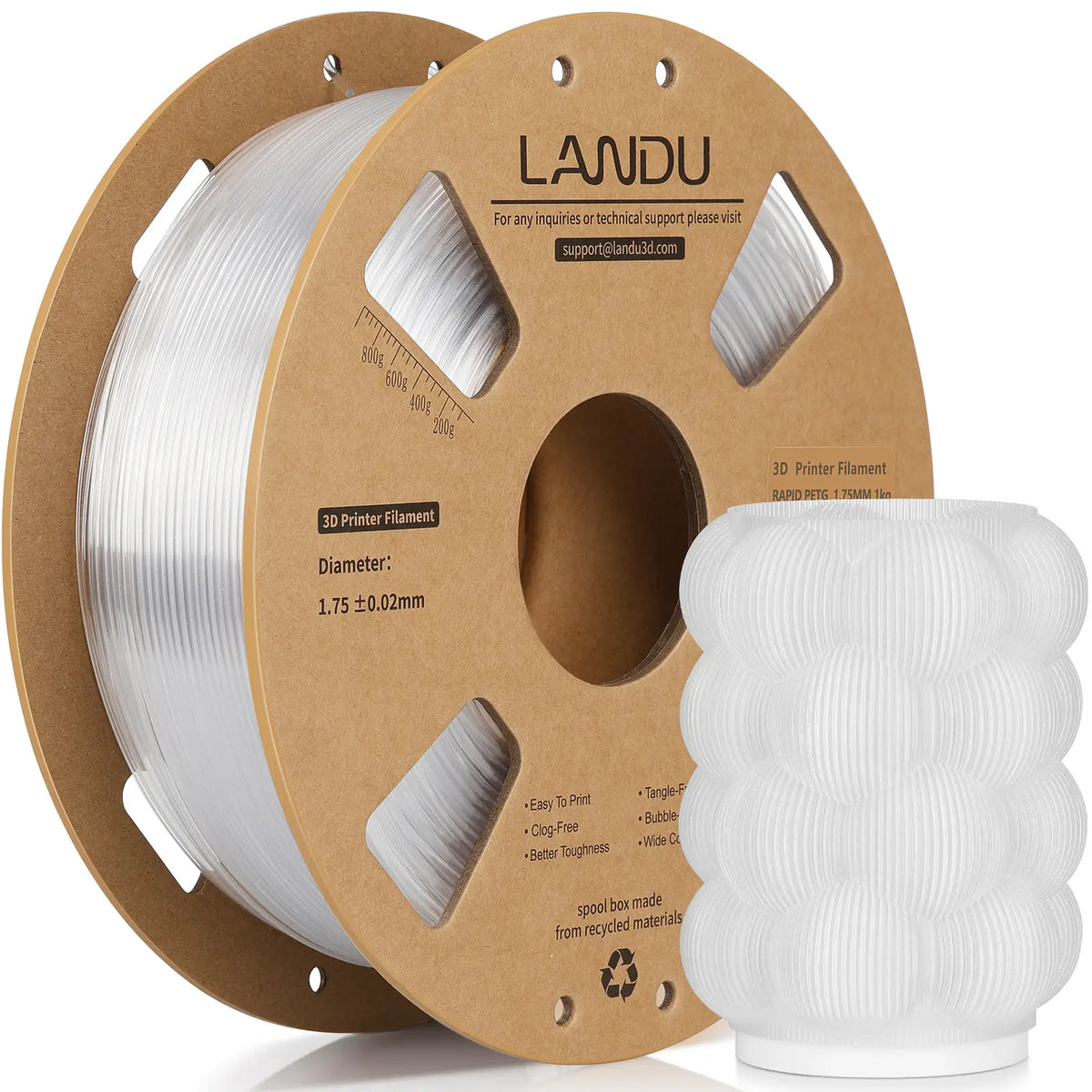 LANDU Transparent Rapid PETG 3D printer filament 1kg spool displayed with a translucent 3D printed bubble lamp shade.