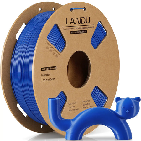 LANDU Blue Rapid PETG 3D printer filament 1kg spool alongside a smooth 3D printed blue cat figurine.