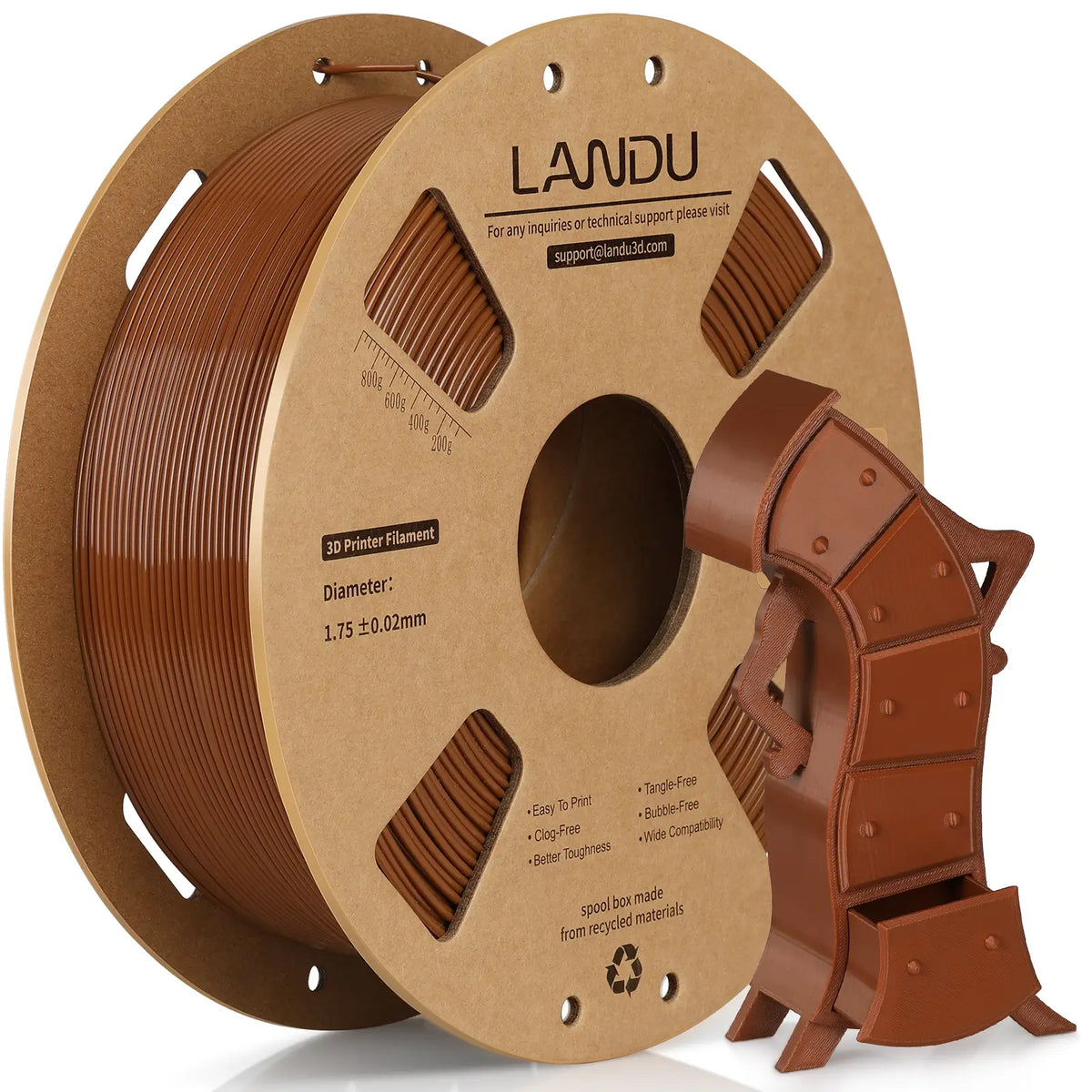 LANDU Brown Rapid PETG 3D printer filament 1kg spool featured with a functional 3D printed miniature cabinet model.