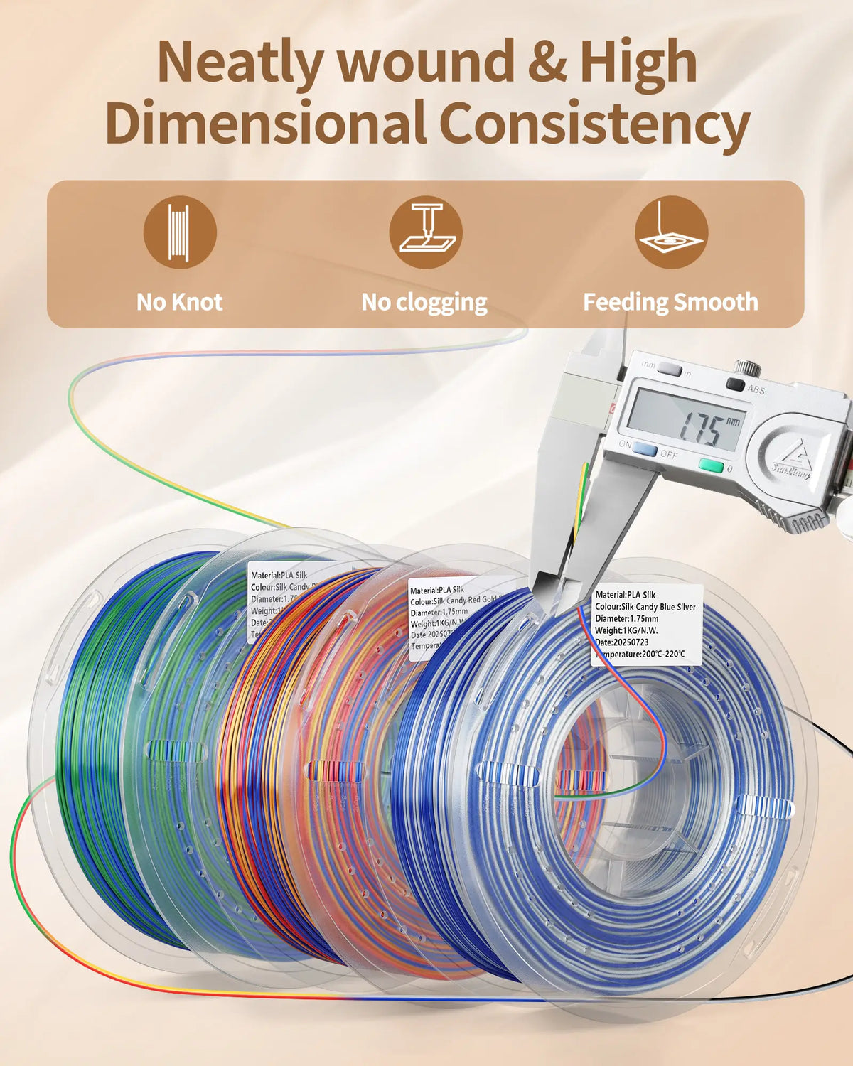 Digital caliper measuring LANDU Silk Candy PLA filament showing precise 1.75mm diameter next to multi-colored transparent spools.
