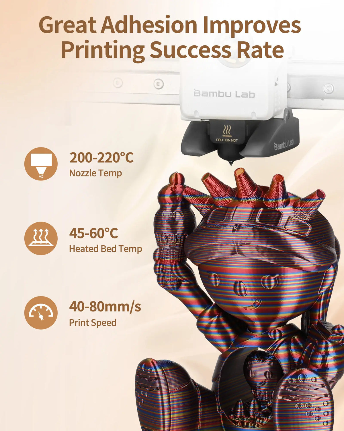 Bambu Lab 3D printer printing with LANDU Silk Candy PLA, displaying recommended nozzle temperature, bed temperature, and print speed settings.