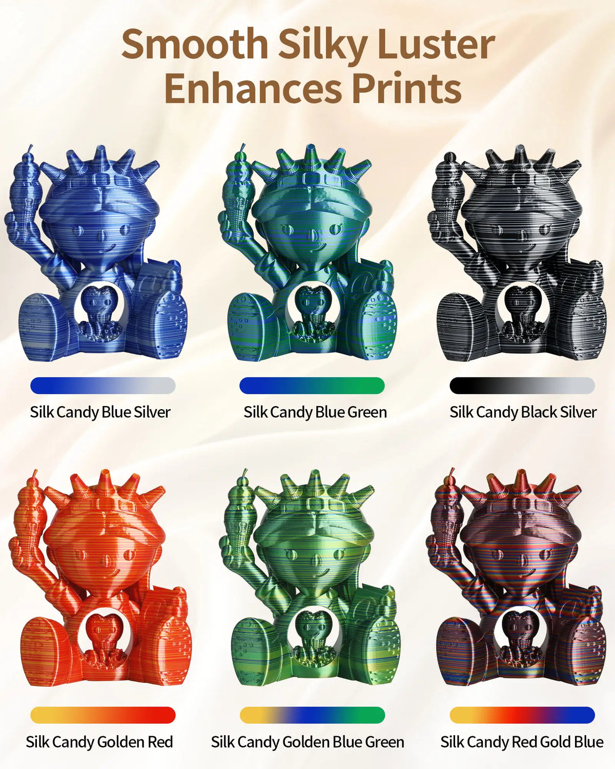 Showcase of six color variants available in the LANDU Silk Candy PLA series displayed as glossy 3D printed character figures.