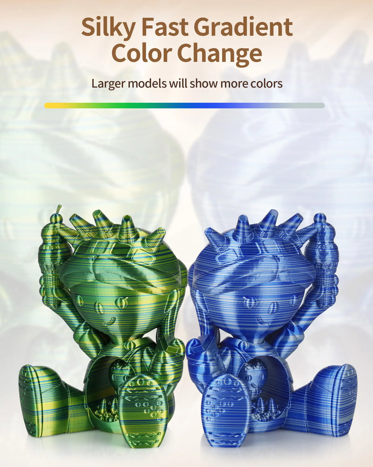 Side-by-side comparison of 3D printed models demonstrating the fast gradient color change of LANDU Silk Candy PLA filament.