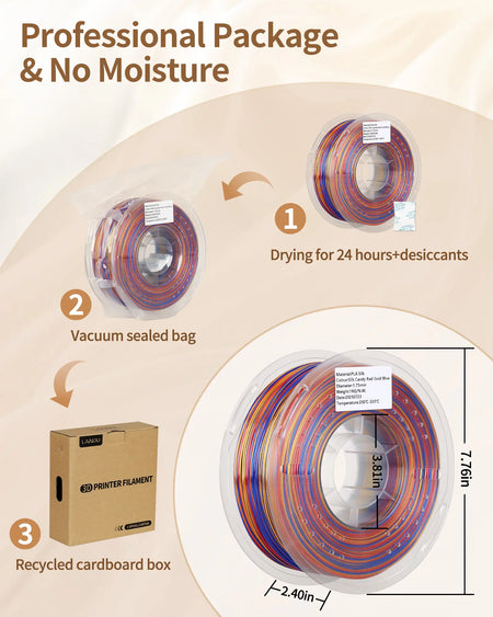 Professional vacuum-sealed packaging process and physical spool dimensions for LANDU 1kg Silk Candy PLA filament.