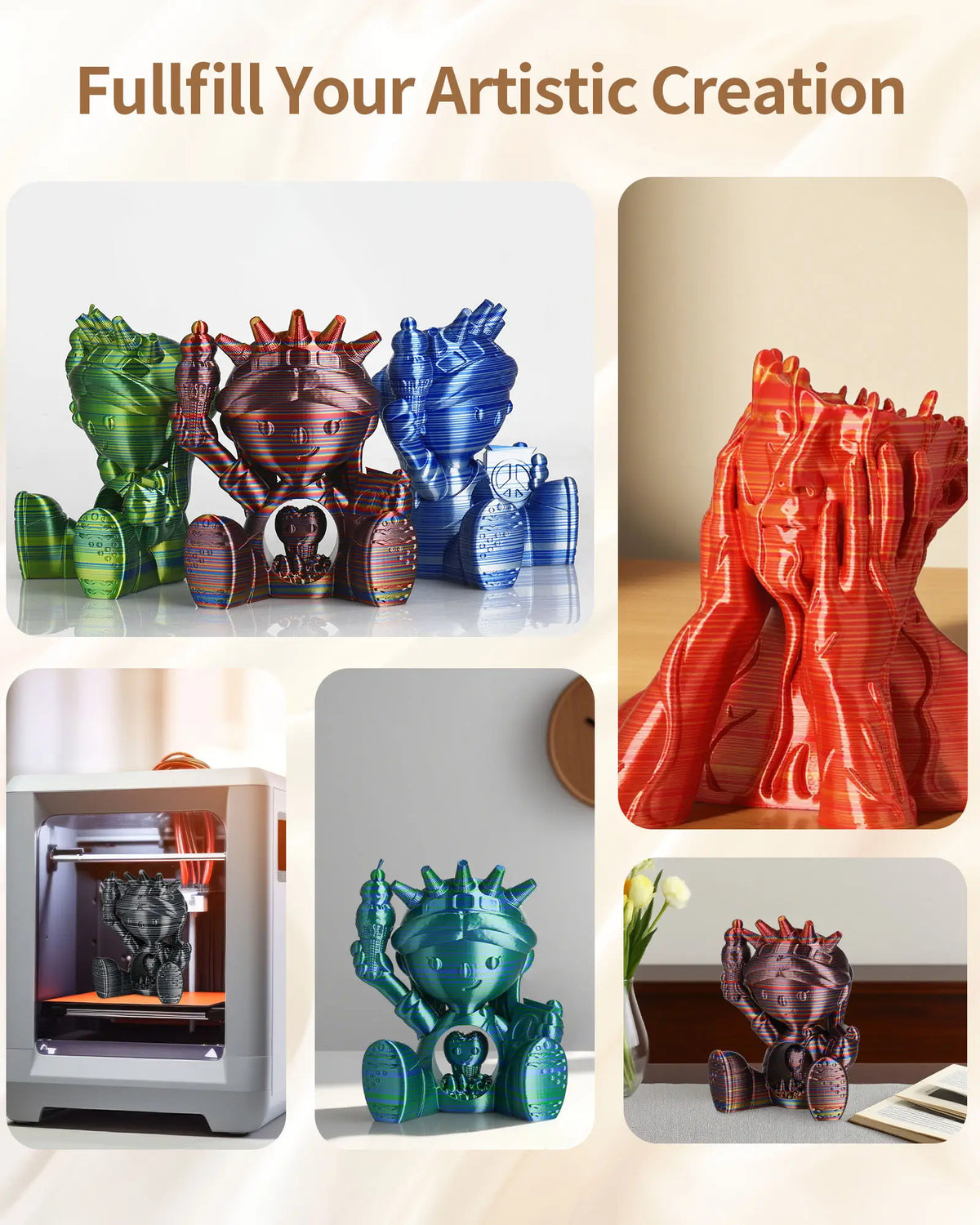 A collage of diverse 3D printed artistic creations and vases made using LANDU Silk Candy PLA filament.