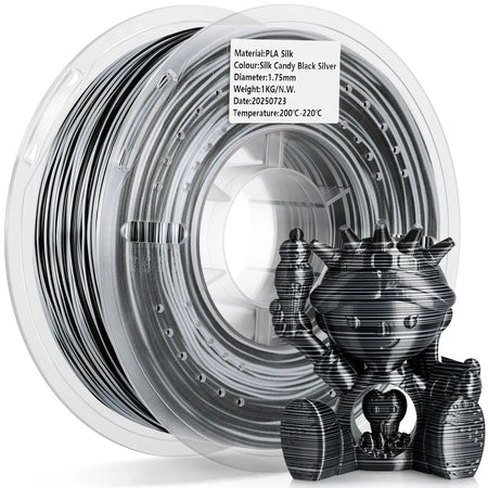 LANDU Silk Candy Black Silver PLA 3D printer filament 1kg transparent spool displayed with a glossy multicolor printed figure.