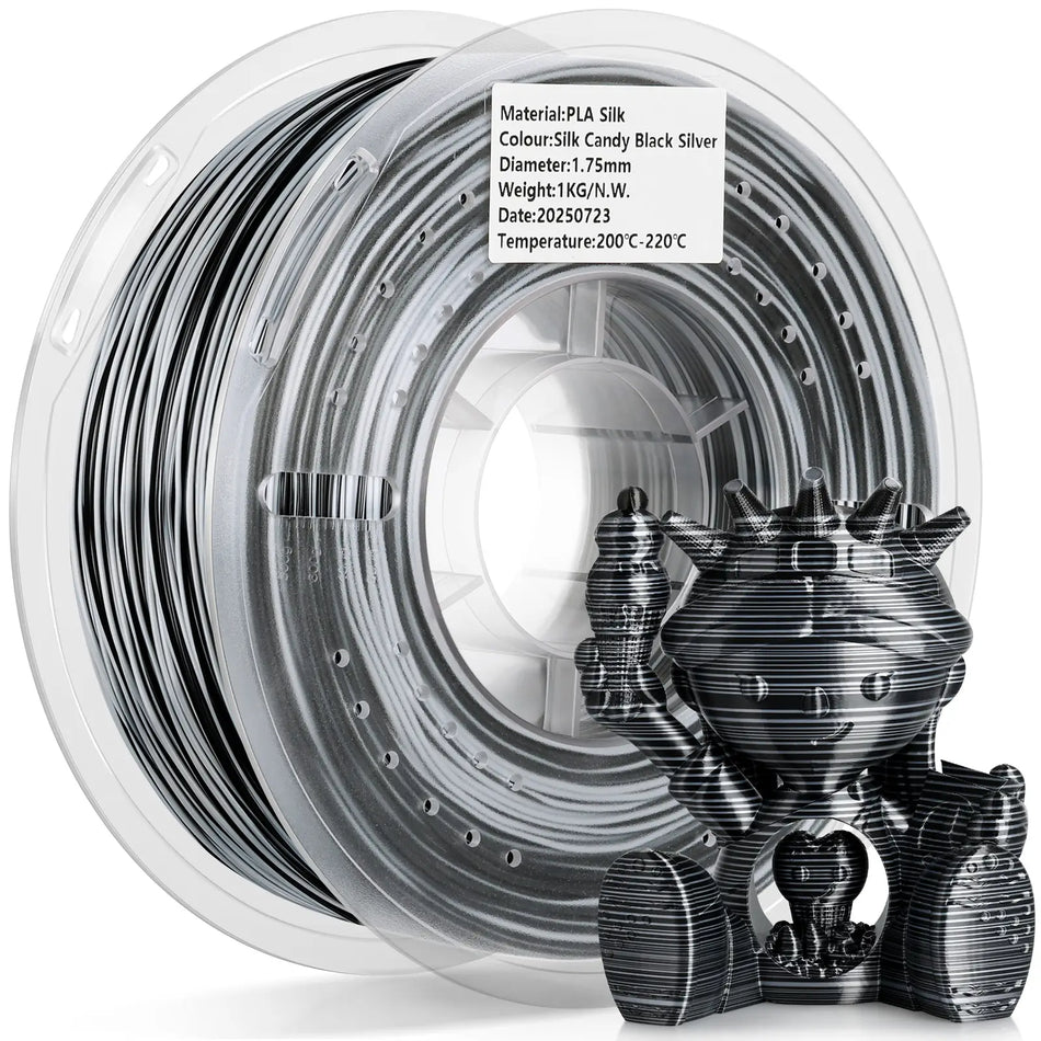 LANDU Silk Candy Black Silver PLA 3D printer filament 1kg transparent spool displayed with a glossy multicolor printed figure.