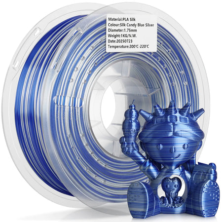 LANDU Silk Candy Blue Silver PLA 3D printer filament 1kg transparent spool paired with a shiny multicolor printed character model.