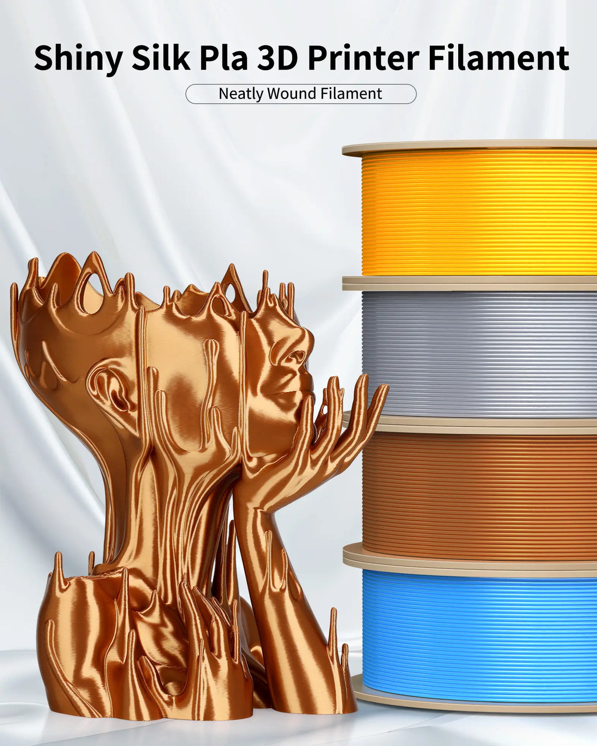 Stack of neatly wound LANDU Silk PLA 3D printer filament spools in gold, silver, copper, and blue next to a shiny printed face sculpture.