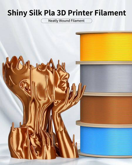 Stack of neatly wound LANDU Silk PLA 3D printer filament spools in gold, silver, copper, and blue next to a shiny printed face sculpture.