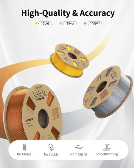 Flying spools of LANDU Silk PLA filament in gold, silver, and copper highlighting high-quality extrusion with no tangles or bubbles.