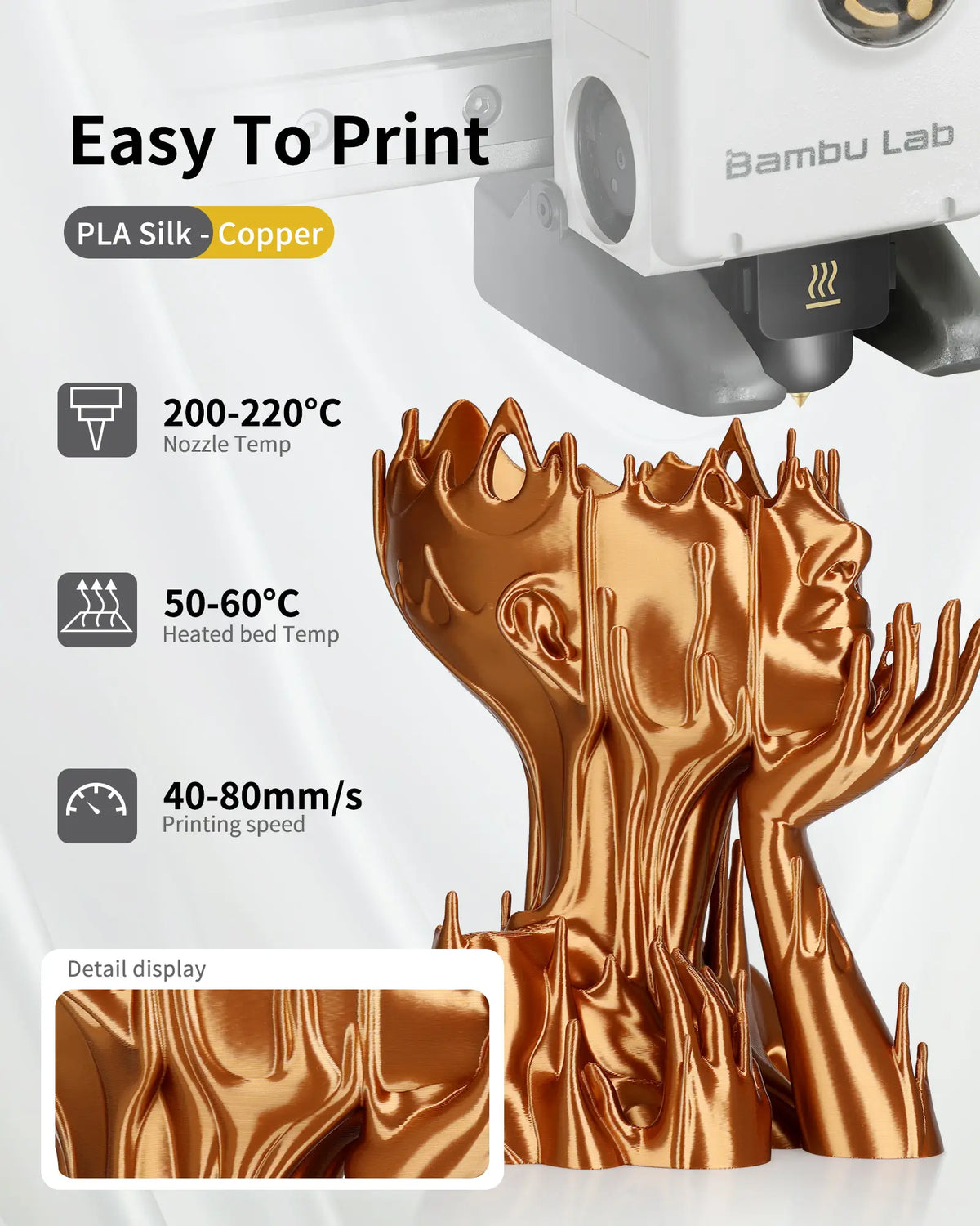 Bambu Lab 3D printer producing a glossy copper bust with LANDU Silk PLA, showing recommended nozzle temperature and print speed settings.
