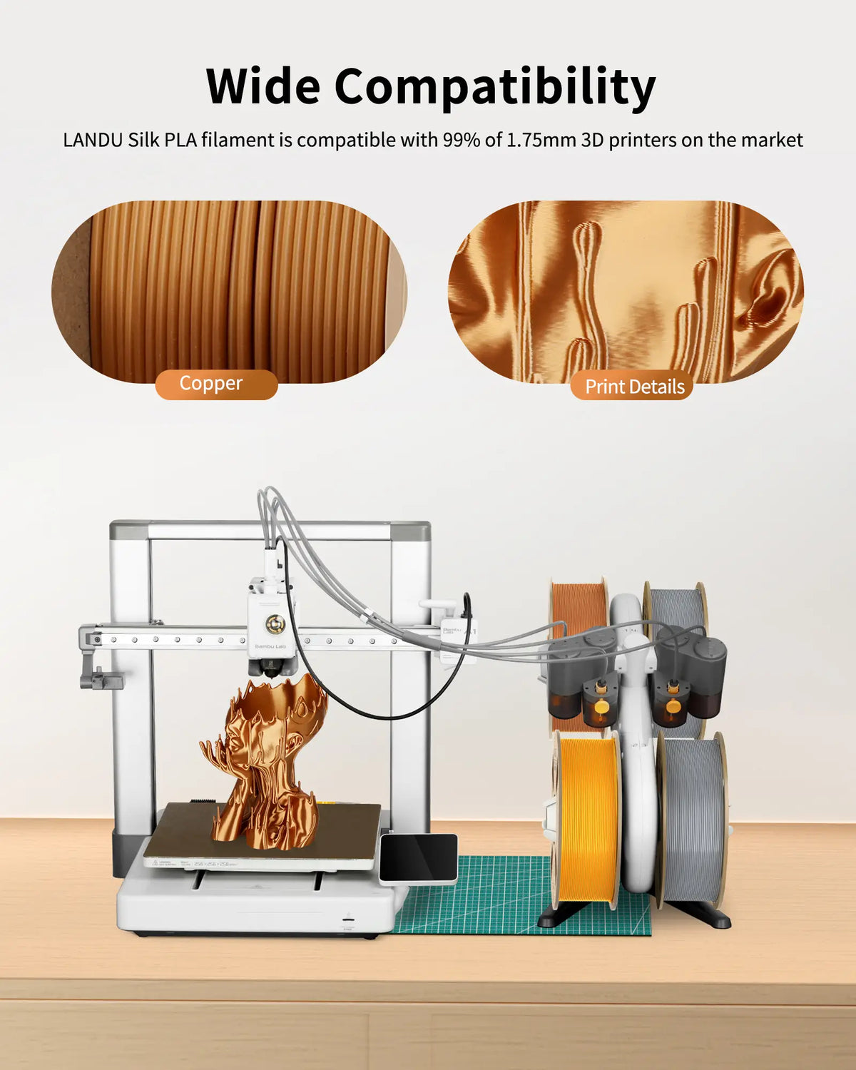 LANDU Silk PLA filament loaded in a Bambu Lab AMS system demonstrating wide compatibility with 1.75mm FDM 3D printers.