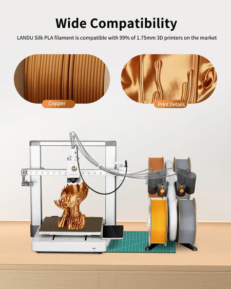 LANDU Silk PLA filament loaded in a Bambu Lab AMS system demonstrating wide compatibility with 1.75mm FDM 3D printers.