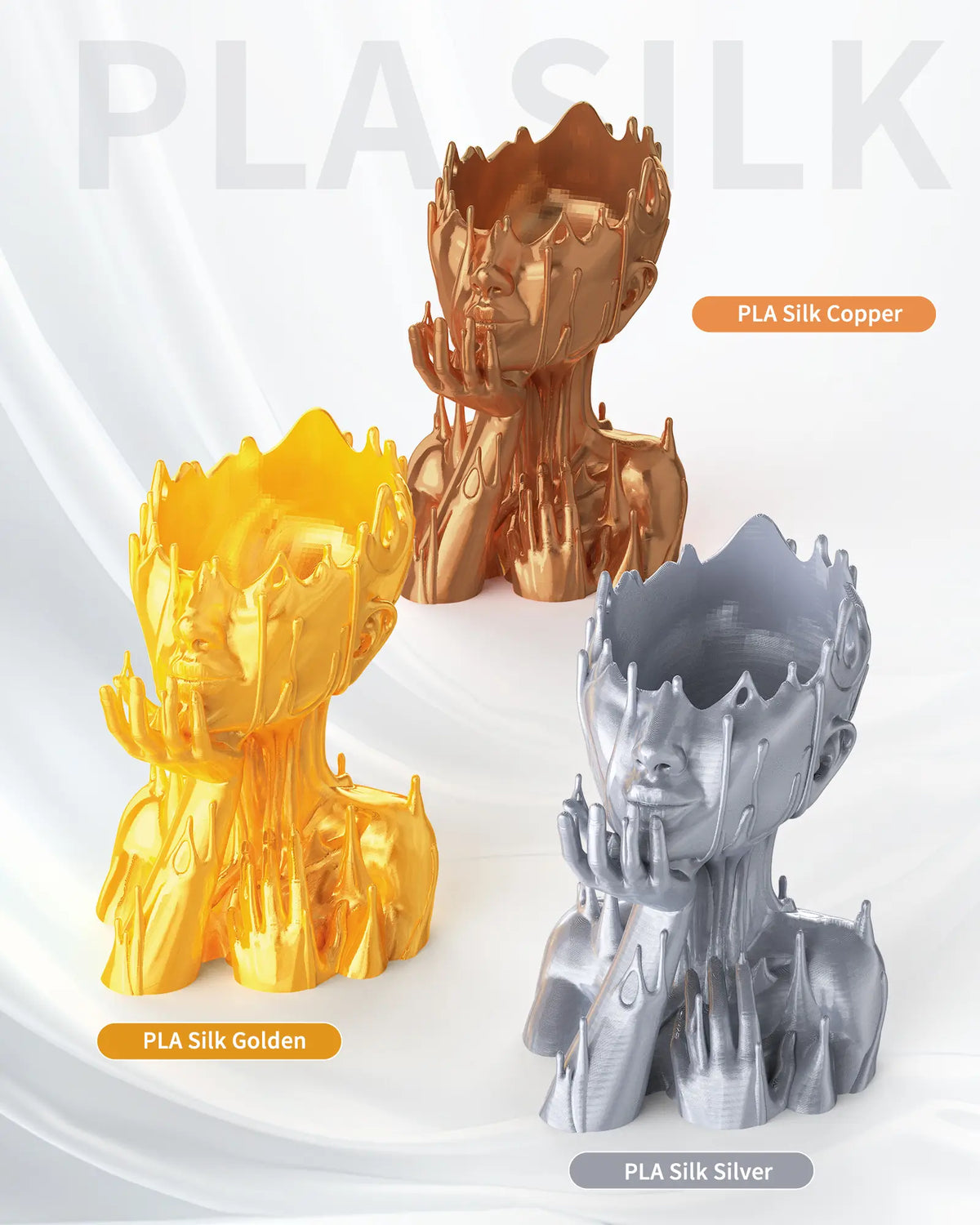 Three highly reflective 3D printed face vases showcasing the vibrant and metallic finish of LANDU Silk Copper, Silk Golden, and Silk Silver PLA.