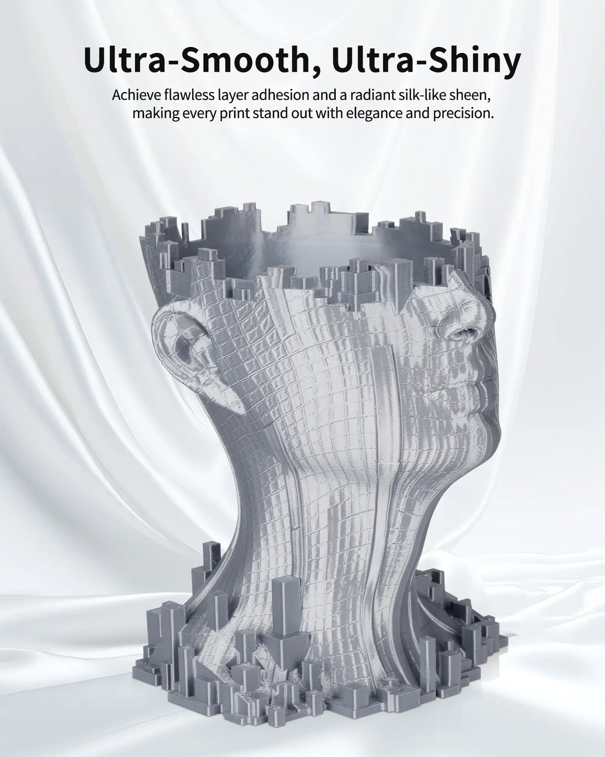 Close-up of a 3D printed silver bust demonstrating the ultra-smooth layer adhesion and ultra-shiny finish of LANDU Silk PLA.