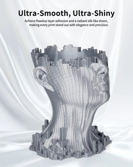 Close-up of a 3D printed silver bust demonstrating the ultra-smooth layer adhesion and ultra-shiny finish of LANDU Silk PLA.