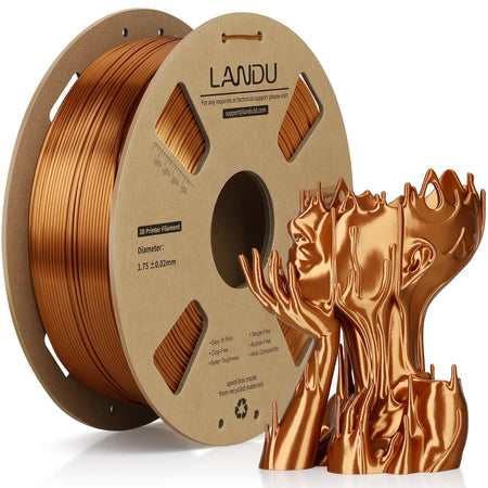 LANDU Copper Silk PLA 3D printer filament 1kg spool displayed with a highly reflective and glossy 3D printed copper face vase.