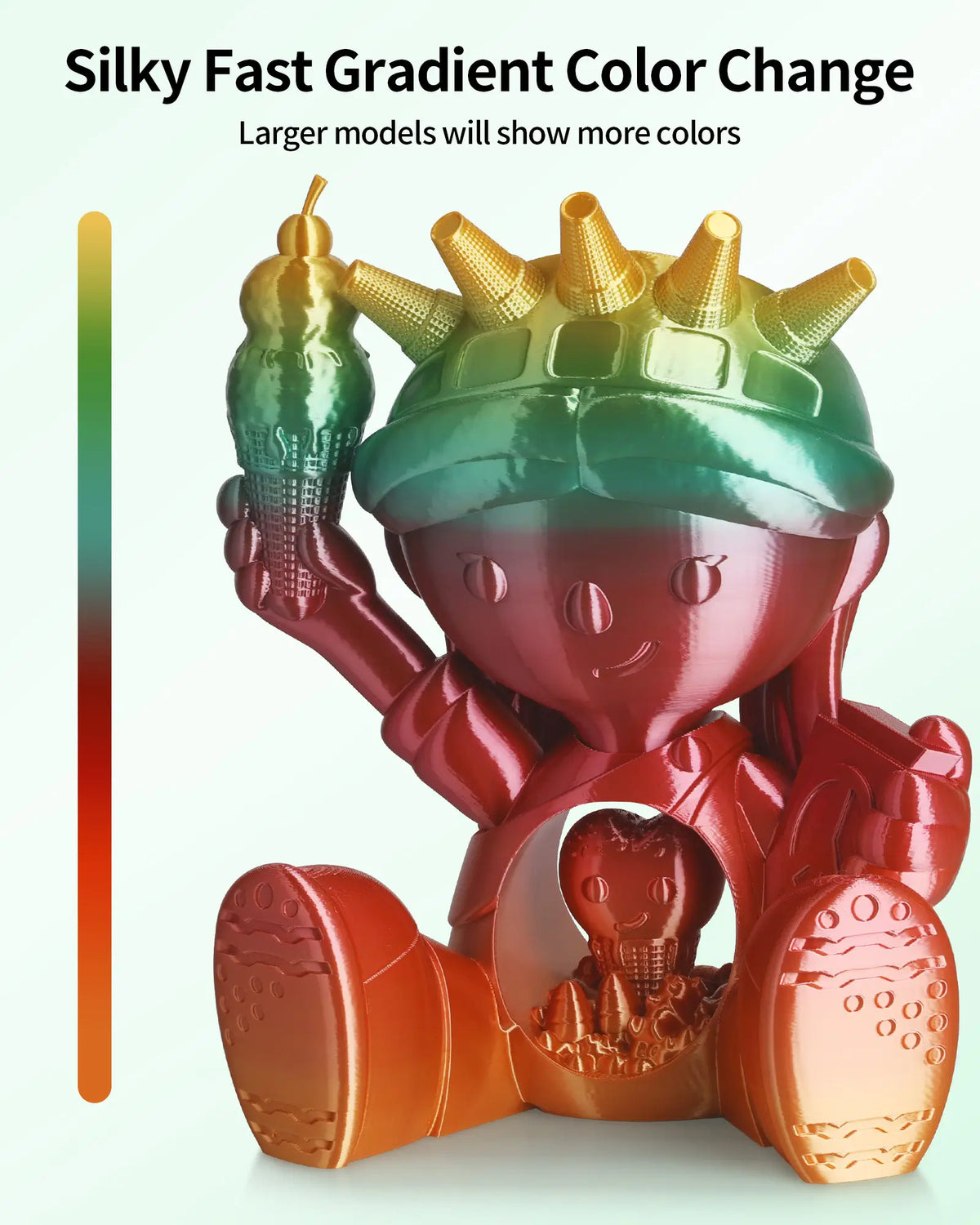 Close-up of a 3D printed figurine demonstrating the silky fast gradient color change of LANDU Silk Rainbow PLA filament.