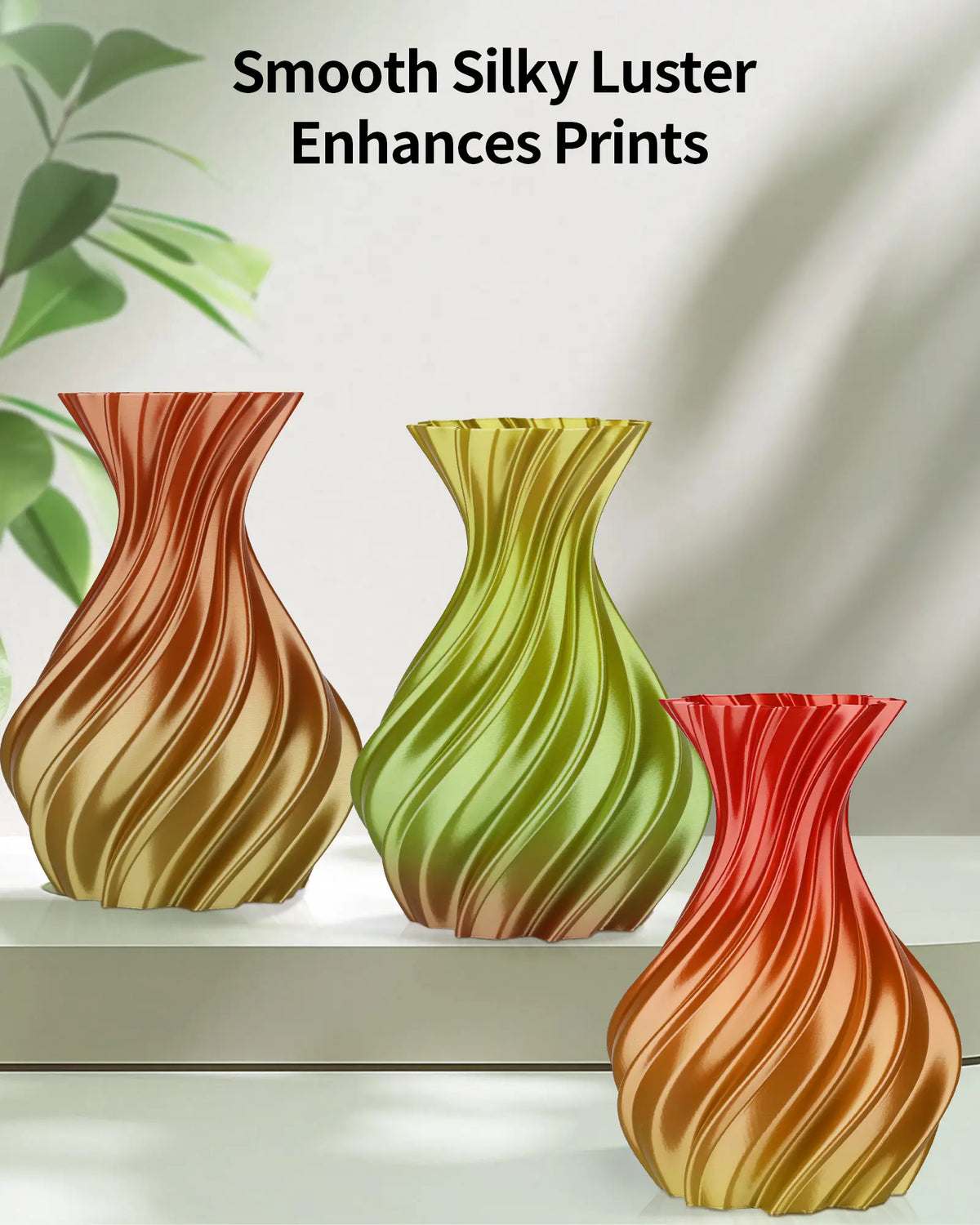 Three 3D printed spiral vases showcasing the smooth silky luster and gradient colors of LANDU Rainbow PLA filament.