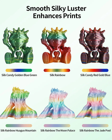 Showcase of various color themes available in the LANDU Silk Rainbow PLA series including Huaguo Mountain and Moon Palace.