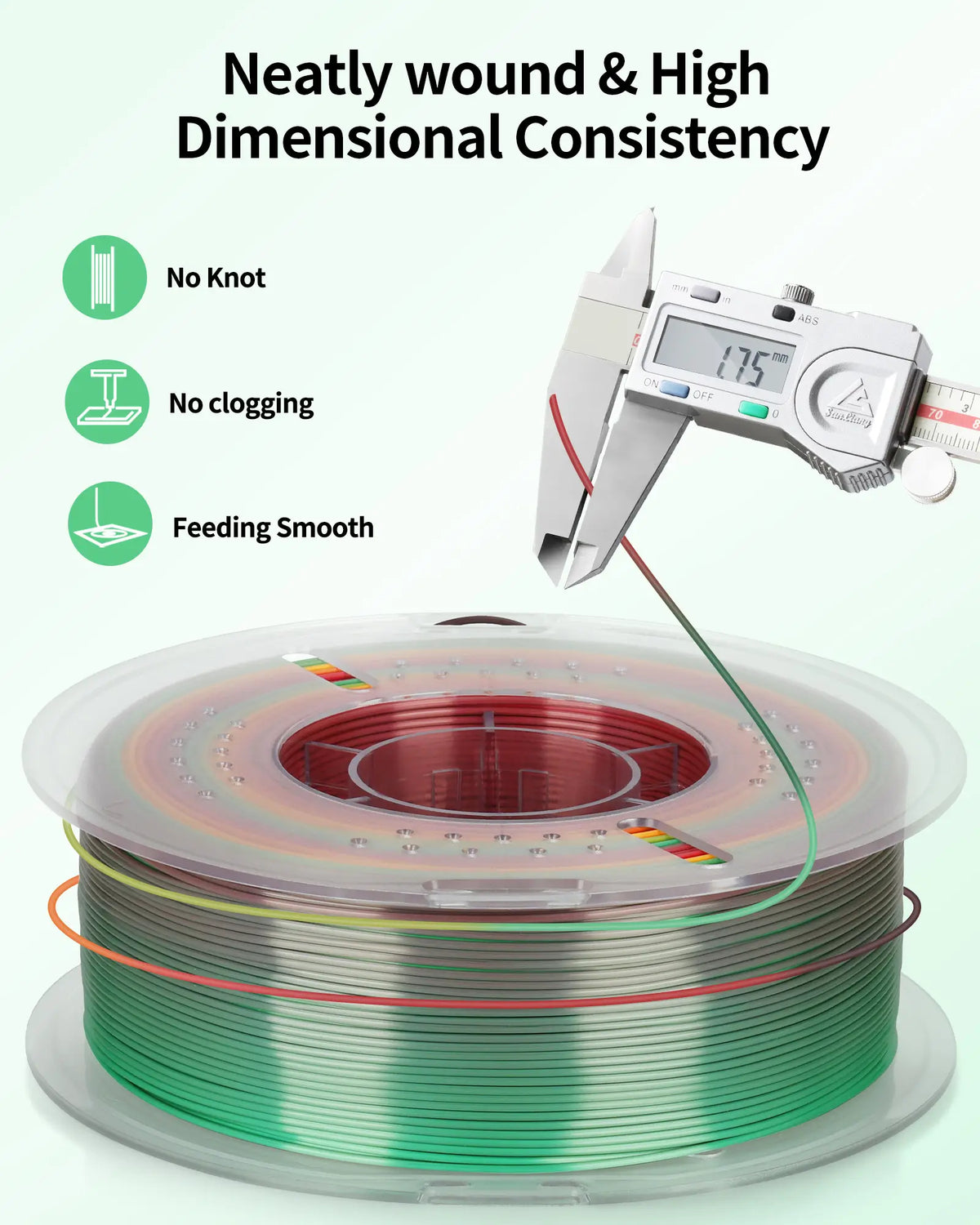 Digital caliper measuring LANDU Silk Rainbow PLA filament to ensure precise 1.75mm diameter with a tangle-free transparent spool.
