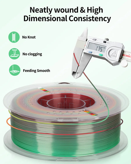 Digital caliper measuring LANDU Silk Rainbow PLA filament to ensure precise 1.75mm diameter with a tangle-free transparent spool.