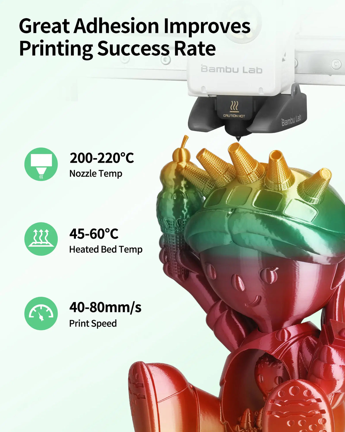 Bambu Lab 3D printer extruding LANDU Silk Rainbow PLA with recommended temperature and speed settings displayed.