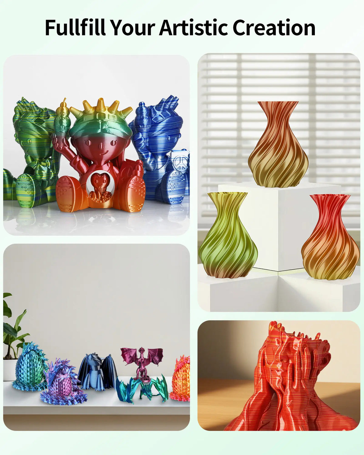 A collection of diverse 3D printed artistic creations and models made using LANDU Silk Rainbow PLA filament.