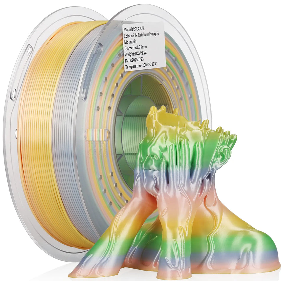 LANDU Silk PLA Rainbow Huaguo Mountain 3D printer filament 1kg transparent spool alongside a vibrant gradient 3D printed bust.