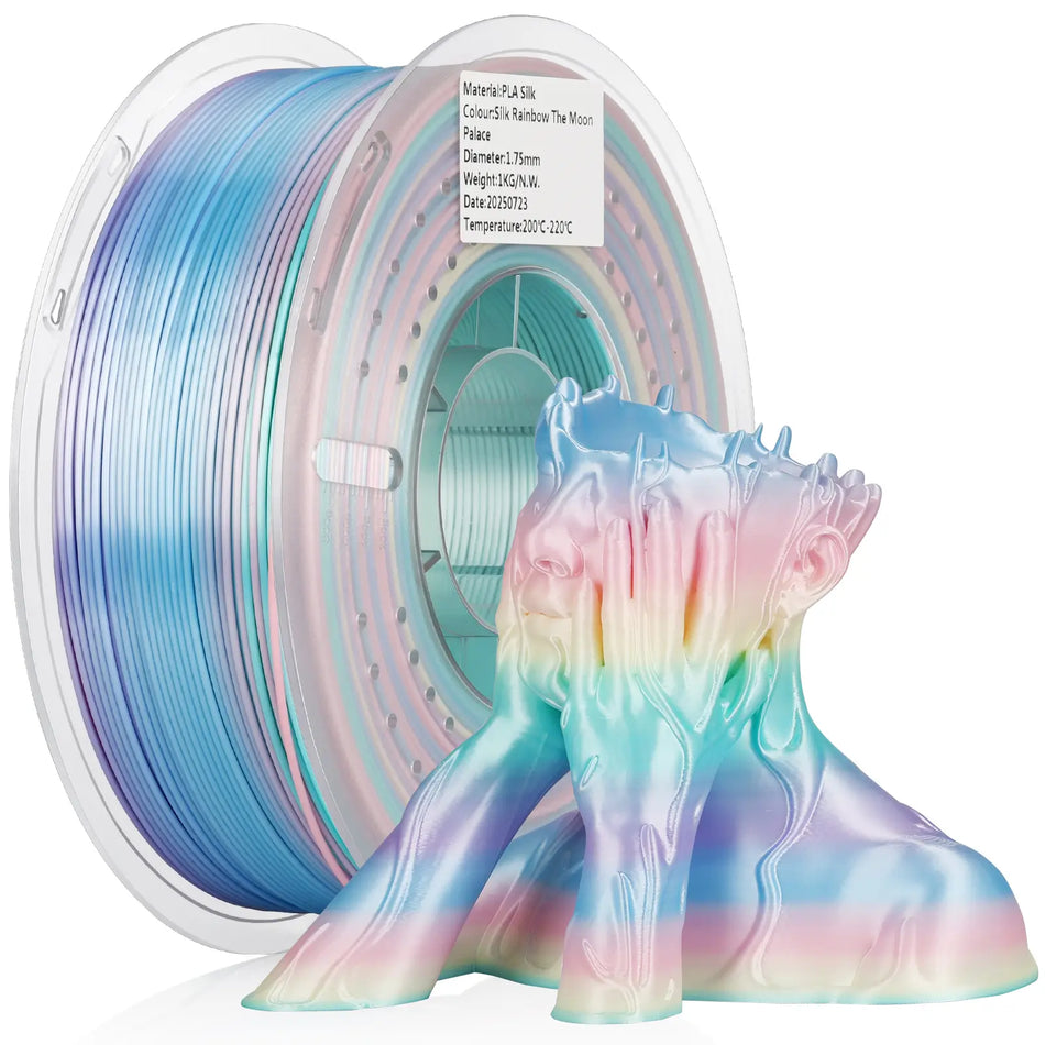 LANDU Silk PLA Rainbow The Moon Palace 3D printer filament 1kg transparent spool displaying a cool-toned gradient 3D printed artistic bust.