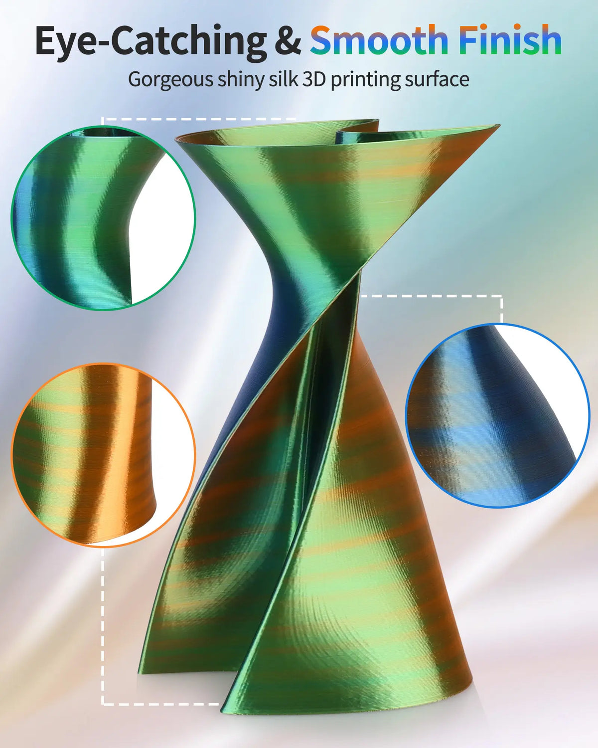 Magnified details of a 3D printed twisted vase demonstrating the smooth, eye-catching surface finish of LANDU Tri-Color Silk PLA.