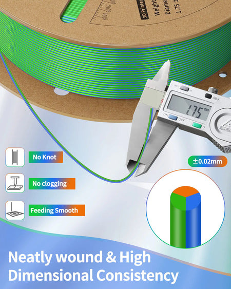 Digital caliper measuring LANDU Tri-Color Silk PLA filament showing precise 1.75mm diameter and a cross-section diagram of the three colors.