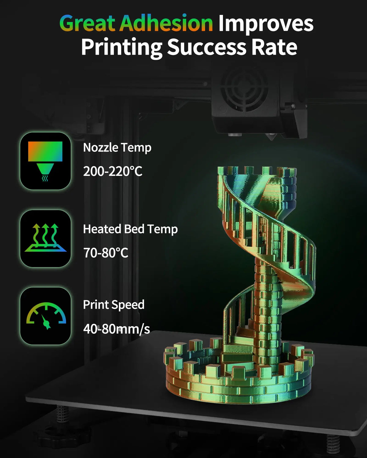 3D printer producing a multi-color spiral staircase using LANDU Tri-Color Silk PLA, featuring recommended nozzle and bed temperature settings.