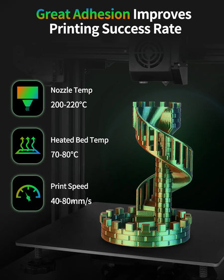 3D printer producing a multi-color spiral staircase using LANDU Tri-Color Silk PLA, featuring recommended nozzle and bed temperature settings.