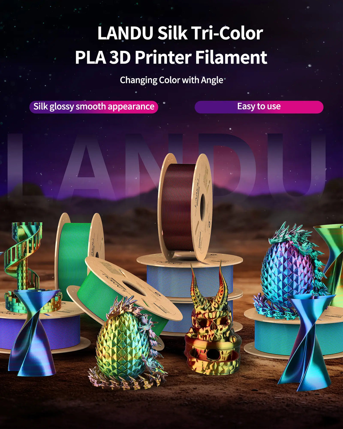 Collection of stunning 3D printed models including dragons and skulls showcasing the dynamic angle-shifting colors of LANDU Tri-Color Silk PLA.