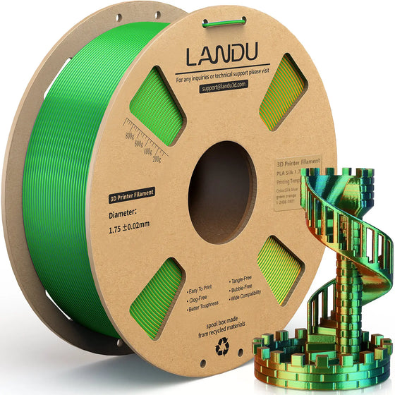 LANDU Tri-Color Blue Green Orange Silk PLA 3D printer filament 1kg spool displayed with a glossy color-shifting spiral staircase model.