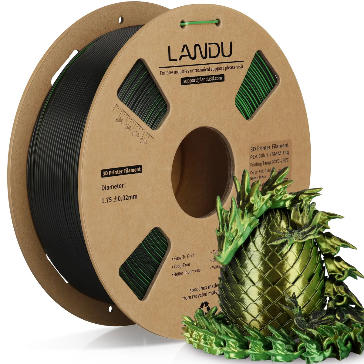 LANDU Gold Green Black Tri-Color Silk PLA 3D printer filament 1kg spool displaying a dark fantasy color-shifting 3D printed dragon.