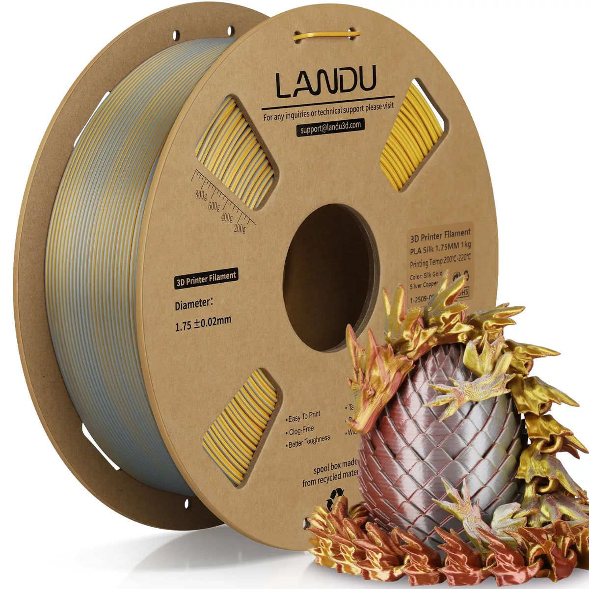LANDU Gold Silver Copper Tri-Color Silk PLA 3D printer filament 1kg spool alongside a premium metallic color-shifting 3D printed dragon.
